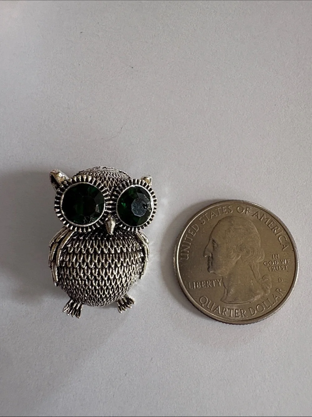 Silver Owl Accent Pin with Dark Green Crystal Eyes